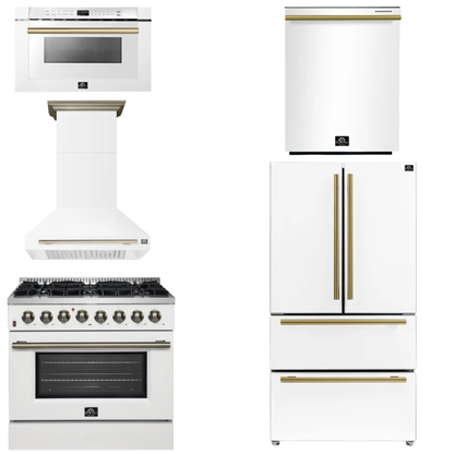FORNO Appliance Package - 36" Dual Fuel Range, Range Hood, 36" Refrigerator, Dishwasher, Microwave in White with Antique Brass Accents