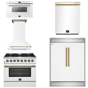 FORNO Appliance Package - 36" Dual Fuel Range, Range Hood, 60" Refrigerator, Dishwasher, Microwave in White with Antique Brass Accents