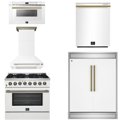 FORNO Appliance Package - 36" Dual Fuel Range, Range Hood, 60" Refrigerator, Dishwasher, Microwave in White with Antique Brass Accents