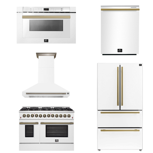 FORNO Appliance Package - 48" Dual Fuel Range, Range Hood, 36" Refrigerator, Dishwasher, Microwave in White with Antique Brass Accents