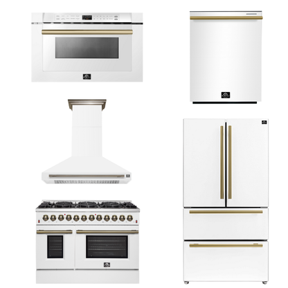 FORNO Appliance Package - 48" Dual Fuel Range, Range Hood, 36" Refrigerator, Dishwasher, Microwave in White with Antique Brass Accents