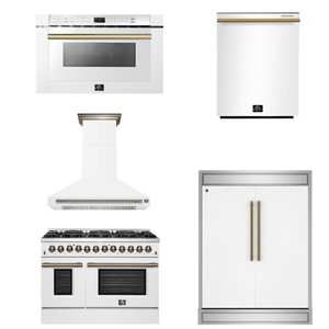 FORNO Appliance Package - 48" Dual Fuel Range, Range Hood, 60" Refrigerator, Dishwasher, Microwave in White with Antique Brass Accents