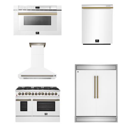 FORNO Appliance Package - 48" Dual Fuel Range, Range Hood, 60" Refrigerator, Dishwasher, Microwave in White with Antique Brass Accents