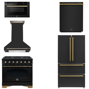 FORNO Espresso Package - 36" Gas Range, Range Hood, 36" Refrigerator, Dishwasher, Microwave in Black with Antique Brass Accents