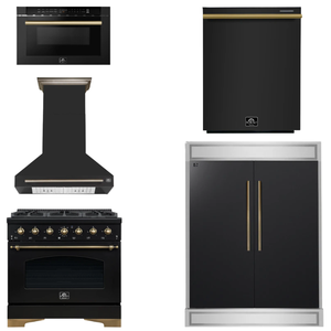 FORNO Espresso Package - 36" Gas Range, Range Hood, 60" Refrigerator, Dishwasher, Microwave in Black with Antique Brass Accents