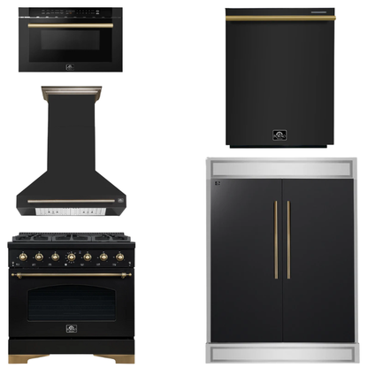 FORNO Espresso Package - 36" Gas Range, Range Hood, 60" Refrigerator, Dishwasher, Microwave in Black with Antique Brass Accents