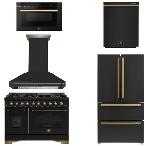 FORNO Espresso Package - 48" Gas Range, Range Hood, 36" Refrigerator, Dishwasher, Microwave in Black with Antique Brass Accents