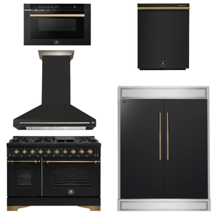 FORNO Espresso Package - 48" Gas Range, Range Hood, 60" Refrigerator, Dishwasher, Microwave in Black with Antique Brass Accents