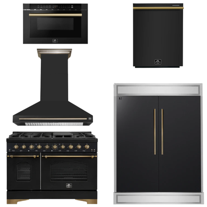 FORNO Espresso Package - 48" Gas Range, Range Hood, 60" Refrigerator, Dishwasher, Microwave in Black with Antique Brass Accents