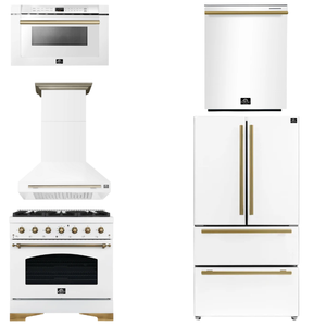 FORNO Espresso Package - 36" Gas Range, Range Hood, 36" Refrigerator, Dishwasher, Microwave in White with Antique Brass Accents