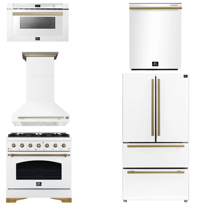 FORNO Espresso Package - 36" Gas Range, Range Hood, 36" Refrigerator, Dishwasher, Microwave in White with Antique Brass Accents