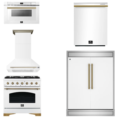 FORNO Espresso Package - 36" Gas Range, Range Hood, 60" Refrigerator, Dishwasher, Microwave in White with Antique Brass Accents