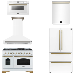FORNO Espresso Package - 48" Gas Range, Range Hood, 36" Refrigerator, Dishwasher, Microwave in White with Antique Brass Accents