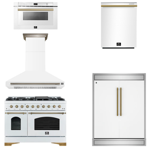 FORNO Espresso Package - 48" Gas Range, Range Hood, 60" Refrigerator, Dishwasher, Microwave in White with Antique Brass Accents