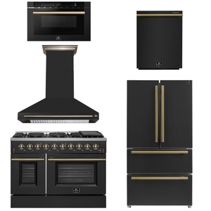 FORNO Appliance Package - 48" Gas Range, Range Hood, 36" Refrigerator, Dishwasher, Microwave in Black with Antique Brass Accents