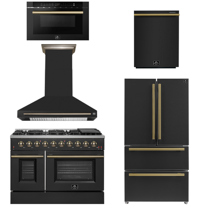FORNO Appliance Package - 48" Gas Range, Range Hood, 36" Refrigerator, Dishwasher, Microwave in Black with Antique Brass Accents