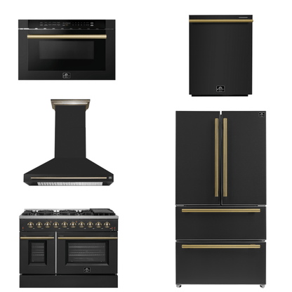 FORNO Appliance Package - 48" Gas Range, Range Hood, 36" Refrigerator, Dishwasher, Microwave in Black with Antique Brass Accents