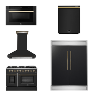 FORNO Appliance Package - 48" Gas Range, Range Hood, 60" Refrigerator, Dishwasher, Microwave in Black with Antique Brass Accents
