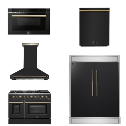FORNO Appliance Package - 48" Gas Range, Range Hood, 60" Refrigerator, Dishwasher, Microwave in Black with Antique Brass Accents