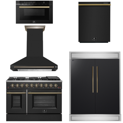 FORNO Appliance Package - 48" Gas Range, Range Hood, 60" Refrigerator, Dishwasher, Microwave in Black with Antique Brass Accents