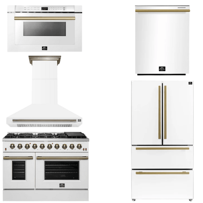FORNO Appliance Package - 48" Gas Range, Range Hood, 36" Refrigerator, Dishwasher, Microwave in White with Antique Brass Accents