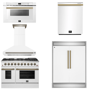 FORNO Appliance Package - 48" Gas Range, Range Hood, 60" Refrigerator, Dishwasher, Microwave in White with Antique Brass Accents