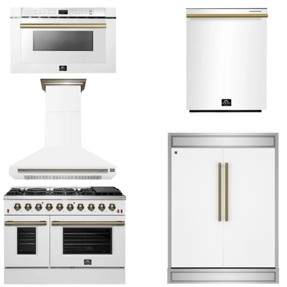 FORNO Appliance Package - 48" Gas Range, Range Hood, 60" Refrigerator, Dishwasher, Microwave in White with Antique Brass Accents