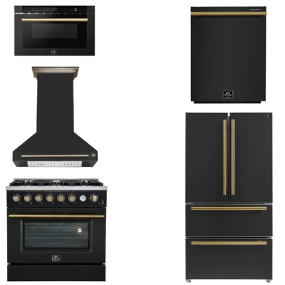 FORNO Appliance Package - 36" Gas Range, Range Hood, 36" Refrigerator, Dishwasher, Microwave in Black with Antique Brass Accents