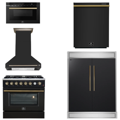 FORNO Appliance Package - 36" Gas Range, Range Hood, 60" Refrigerator, Dishwasher, Microwave in Black with Antique Brass Accents