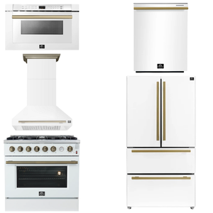FORNO Appliance Package - 36" Gas Range, Range Hood, 36" Refrigerator, Dishwasher, Microwave in White with Antique Brass Accents