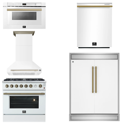 FORNO Appliance Package - 36" Gas Range, Range Hood, 60" Refrigerator, Dishwasher, Microwave in White with Antique Brass Accents