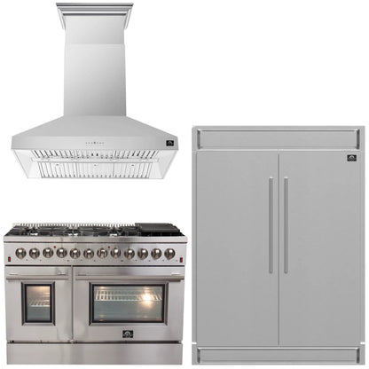 FORNO Appliance Package - 48" Dual Fuel Range, Wall Mount Range Hood and 60" Refrigerator with Modern Grill Trim, FBDL-017-04CAUS
