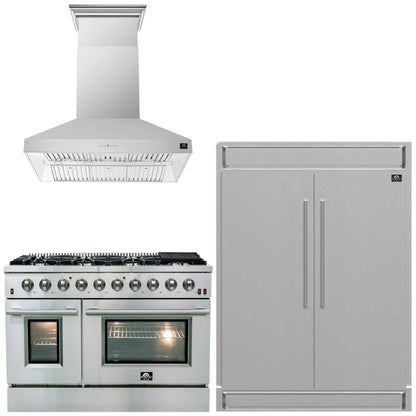 FORNO Appliance Package - 48" Gas Range, Wall Mount Range Hood and 60" Refrigerator with Modern Grill Trim, FBDL-018-04CAUS