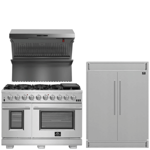 FORNO Appliance Package - 48 Inch Pro Gas Range, Wall Mount Range Hood, Refrigerator, FBDL-019-05US