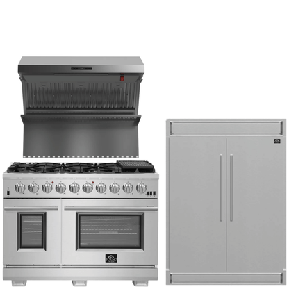 FORNO Appliance Package - 48 Inch Pro Gas Range, Wall Mount Range Hood, Refrigerator, FBDL-019-05US