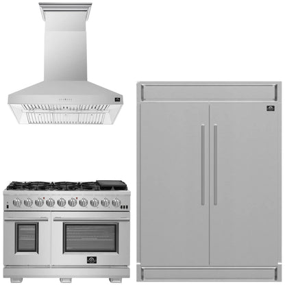 FORNO Appliance Package - 48" Gas Range, Wall Mount Range Hood and 60" Refrigerator with Modern Grill Trim, FBDL-019-07CAUS