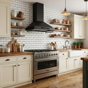 FORNO Venezia 30" 370 CFM Wall Mount Ducted Range Hood with Touch Controls and LED Lights in Black with Antique Brass Accents, FRHWM5503-30BLK