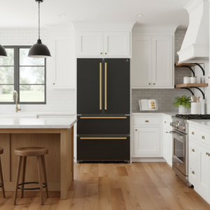 FORNO Appliance Package - 48" French Door Gas Range, 36" Refrigerator with Ice Maker, Dishwasher, 24" Microwave Drawer in Black with Antique Brass Accents, AP-FFSGS6460-48BLK-B