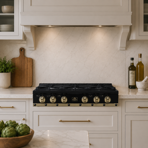FORNO Ambassador Valente 36" Gas Cooktop, 6 Sealed Burners with Dual Ring Burner, Cast Iron Grates in Black with Antique Brass Accents and Copper Rivet Trim, FCTGS5799-36CPBLK