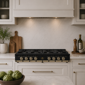 FORNO Ambassador Valente 48" Gas Cooktop, 8 Sealed Burners with 2 Dual Ring Burners, Cast Iron Grates in Black with Antique Brass Accents and Copper Rivet Trim, FCTGS5799-48CPBLK