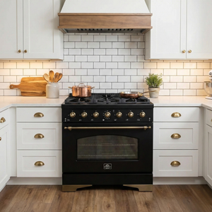 FORNO Antico 36" 4.5 cu. ft. Dual Fuel Range with 6 Sealed Burners in Black with Antique Brass Accents, FFSGS6113-36BLK