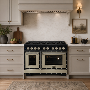 FORNO Ambassador Valente 48" 6.7 cu. ft. Dual Fuel Range, 8 Sealed Burners, Convection Oven in Black with Antique Brass Accents and Copper Rivet Trim, FFSGS6199-48CPBLK