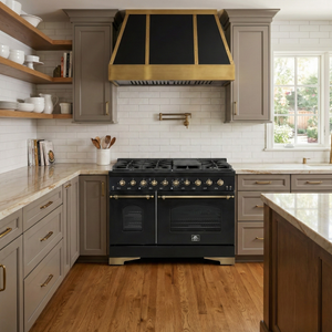 FORNO Antico 48" 5.5 cu. ft. Gas Range with 8 Sealed Burners and Griddle in Black with Antique Brass Accents, FFSGS6219-48BLK