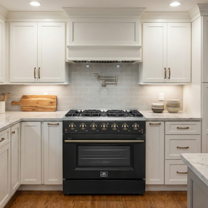 FORNO Galiano Package - 36" Chef Door Gas Range, Range Hood, 36" Refrigerator with Ice Maker, Dishwasher, 24" Microwave Drawer in Black with Antique Brass Accents, AP-FFSGS6244-36BLK-C