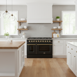 FORNO Galiano 48" 6.58 cu. ft. Gas Range with 8 Sealed Burners and Griddle in Black with Antique Brass Accents, FFSGS6244-48BLK