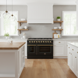 FORNO Galiano Package - 48" Chef Door Gas Range, Range Hood, 36" Refrigerator with Ice Maker, Dishwasher, 24" Microwave Drawer in Black with Antique Brass Accents, AP-FFSGS6244-48BLK-C