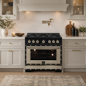 FORNO Ambassador Valente 36" 5.2 cu. ft. Gas Range, 6 Sealed Burners, Convection Oven in Black with Antique Brass Accents and Copper Rivet Trim, FFSGS6299-36CPBLK