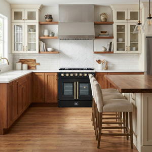 FORNO Galiano 30" 4.32 cu. ft. French Door Dual Fuel Range with 5 Sealed Burners in Black with Antique Brass Accents, FFSGS6356-30BLK