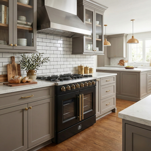 FORNO Galiano 36" 5.36 cu. ft. French Door Dual Fuel Range with 6 Sealed Burners in Black with Antique Brass Accents, FFSGS6356-36BLK