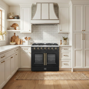 FORNO Galiano Package - 36" French Door Gas Range, Range Hood, 46.8" Refrigerator with Bottom Freezer and Ice Maker, Dishwasher, 24" Microwave Drawer in Black with Antique Brass Accents, AP-FFSGS6444-36BLK-D